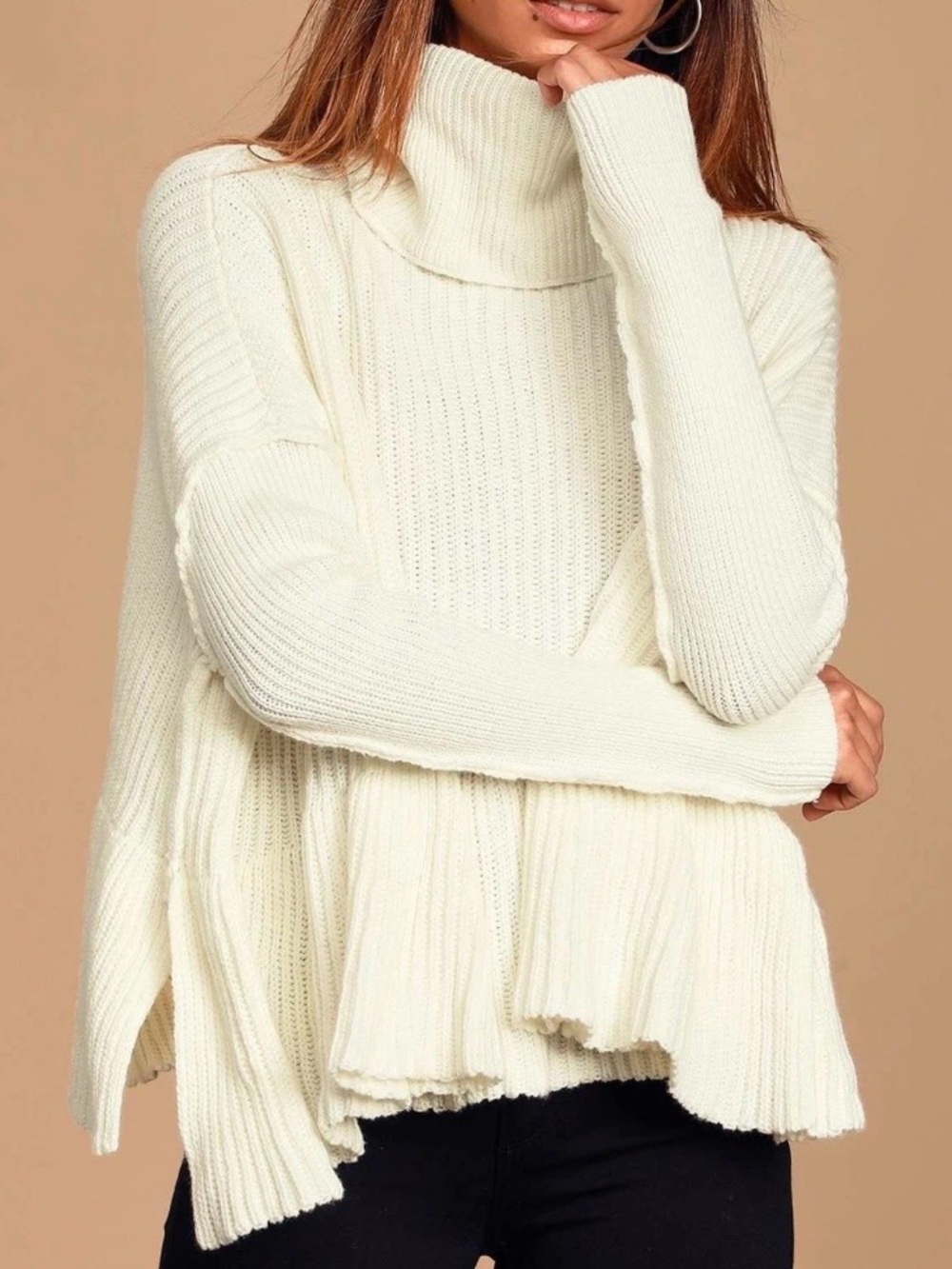 Free People Layer Cake Coconut Cream Sweater Ribbed Knit Peplum Boho Oversized M